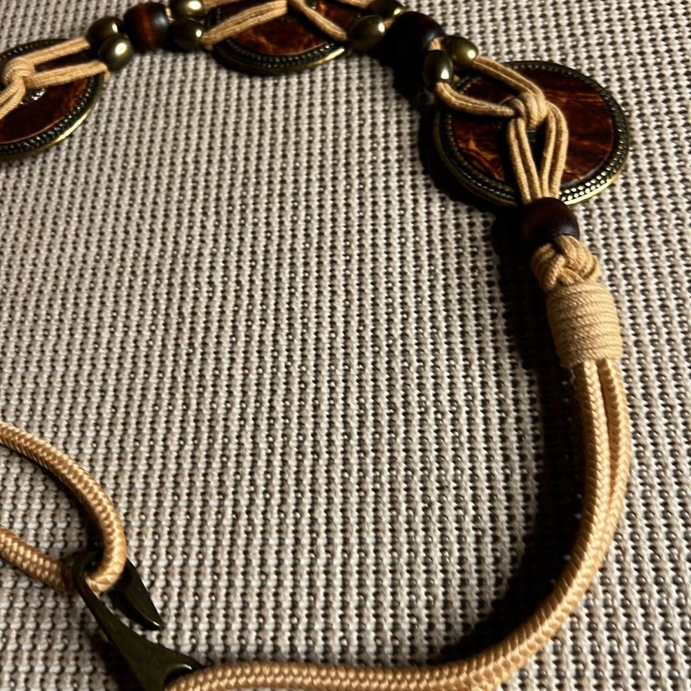 Vintage Boho Braided Cord Belt Tan Wood Bead Medallion Hook Closure 29.5 inch